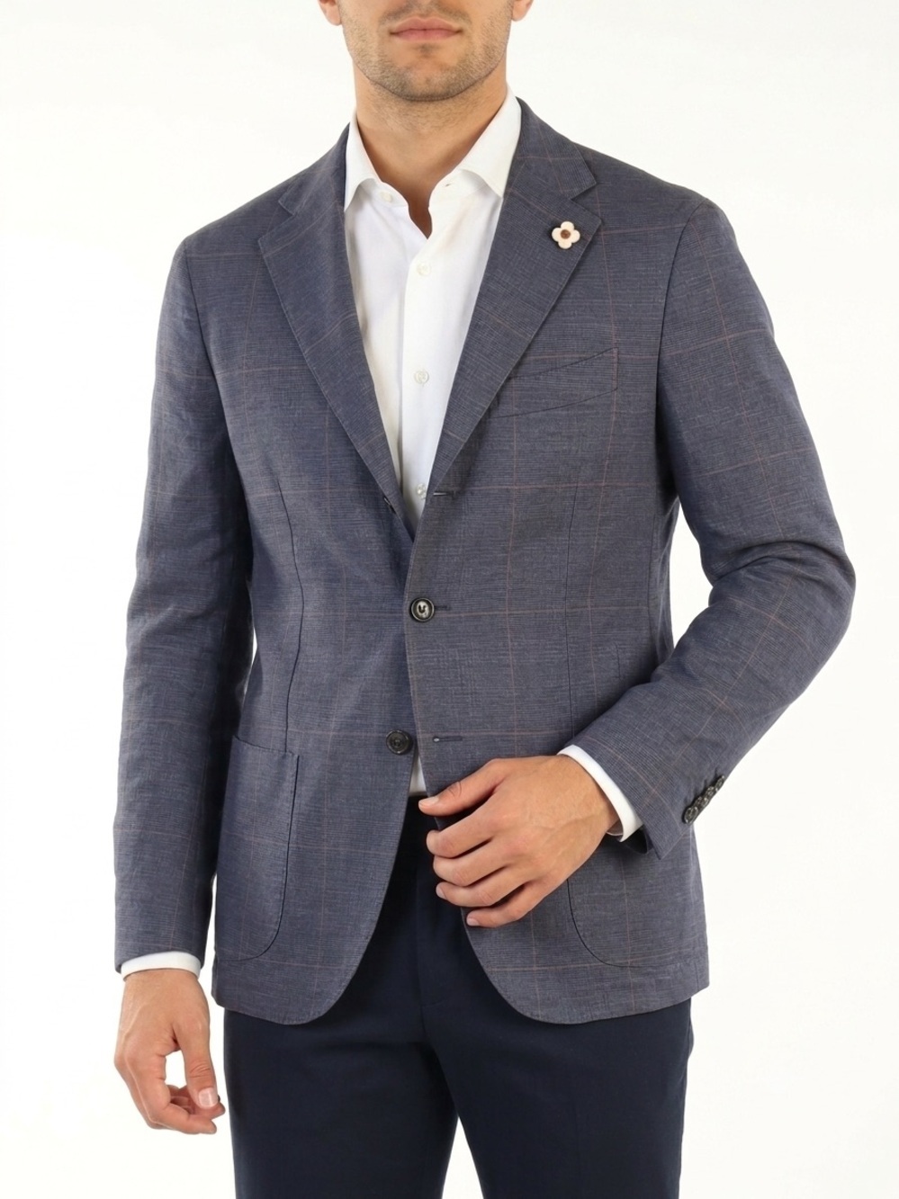 NWT Lardini Windowpane Plaid Sport Coat Blazer Cotton Linen Navy Sz IT 50